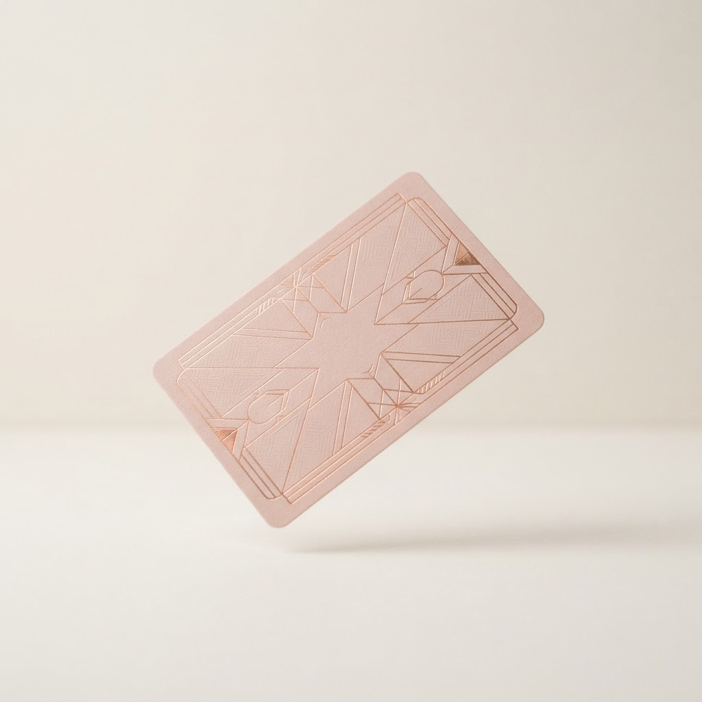 A premium blush-pink beauty gift card with rose-gold accents